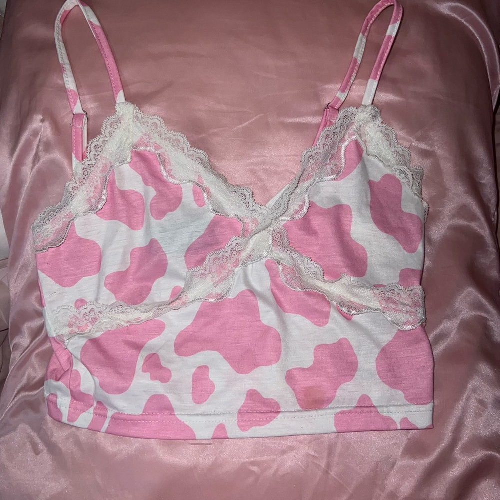 Pink and white cow print crop top